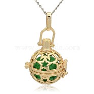 Golden Tone Brass Hollow Round Cage Pendants, with No Hole Spray Painted Brass Round Beads, Lime Green, 35x25x21mm, Hole: 3x8mm(KK-J226-10G)
