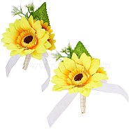 2Pcs Artificial Silk Sunflower Boutonniere Brooch, Brooch Pin for Party Weddings, Orange, 160x100x65mm(JEWB-CP0001-01)