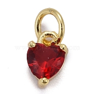 Brass Micro Pave Cubic Zirconia Charms, Long-Lasting Plated, Real 18K Gold Plated, Heart, Red, 8x5x3.5mm, Hole: 3mm(X-KK-P192-08-G07)