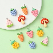 12Pcs 6 Styles Opaque Resin Fruit & Vegetable Pendants, with Platinum Tone Iron Loops, Imitation Food, Mixed Shapes, Mixed Color, 25~27x13~20.5x6~7mm, Hole: 2mm, 2pcs/style(RESI-YW0001-56)