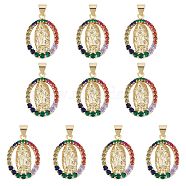 10Pcs Rack Plating Brass Micro Pave Cubic Zirconia Pendants, Real 18K Gold Plated, Long-Lasting Plated, Oval with Virgin Mary, Colorful, 23.5x16.5x3mm, Hole: 3.5x3mm(KK-SZ0001-86)