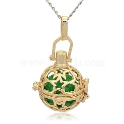 Golden Tone Brass Hollow Round Cage Pendants, with No Hole Spray Painted Brass Round Beads, Lime Green, 35x25x21mm, Hole: 3x8mm(KK-J226-10G)