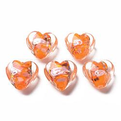 Handmade Lampwork Beads, with Inner Flower, Heart, Orange, 15x15~16x9mm, Hole: 1.2mm(LAMP-T011-04A)