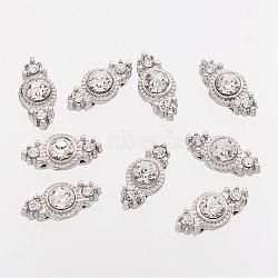 Zinc Alloy Rhinestone Bar Spacers, Two Holes, Flat Round, Platinum, Size: about 8.5mm wide, 17.5mm long, 5.6mm thick, hole: 1mm.(X-ALRI-Q051-N)