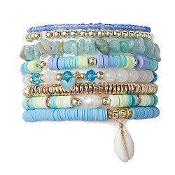 8Pcs 8 Style Natural Malaysia Jade & Pearl & Synthetic Hematite Beaded Stretch Bracelets Set, Polymer Clay Heishi Preppy Bracelets with Natural Shell Charms, Sky Blue, Inner Diameter: 2~2-1/8 inch(5~5.35cm), 1Pc/style(BJEW-JB09733)