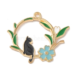 Alloy Enamel Pendants, Golden, Cat with Flower Charm, Black, 30x33x1.5mm, Hole: 2mm(ENAM-147-04E-G)