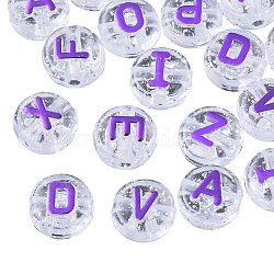 Plating Transparent Acrylic Beads, with Glitter Powder, Metal Enlaced, Flat Round with Letter, Blue Violet, 10x6mm, Hole: 1.8mm, about 632pcs/200g(MACR-SZ0001-47D)