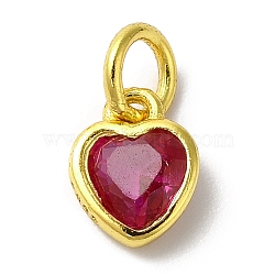 925 Sterling Silver Birthstone Charms, with Single Cubic Zirconia, Heart, Golden, with Jump Ring, Red, 6x5x2mm, Hole: 2.5mm(STER-M0120-02A-G)