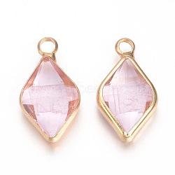 Glass Pendants, with Brass Findings, Faceted, Rhombus, Nickel Free, Raw(Unplated), Pearl Pink, 18x10x4.5mm, Hole: 2mm(GLAA-S150-009)