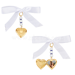 Heart 304 Stainless Steel Bouquet Locket Photo Pendants Decorations, with Glass Pearl Beads and Polyester Satin Ribbon, Golden, 85mm(PALLOY-AB00204)