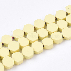 Spray Painted Non-magnetic Synthetic Hematite Beads Strands, Hexagon, Champagne Yellow, 4.5x4x2mm, Hole: 1mm, about 90pcs/strand, 15.7 inch(G-T116-03A-02)