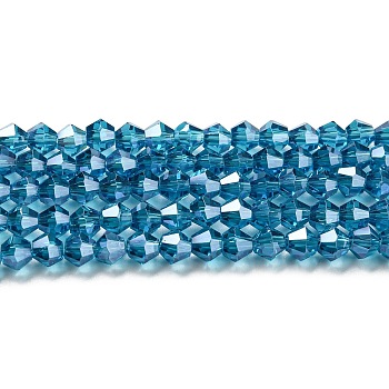 Transparent Electroplate Glass Beads Strands, Pearl Luster Plated, Faceted, Bicone, Steel Blue, 3x2.5mm, Hole: 0.7mm, about 162~185pcs/strand, 12.76~14.61 inch(32.4~37.1cm)