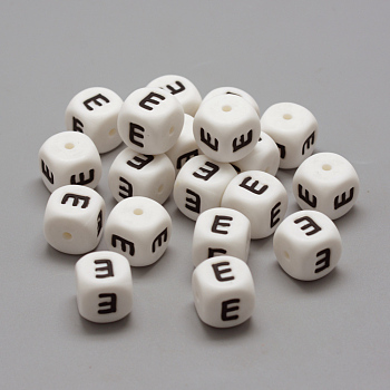 Food Grade Eco-Friendly Silicone Beads, Chewing Beads For Teethers, DIY Nursing Necklaces Making, Letter Style, Cube, White, 12x12x12mm, Hole: 2mm
