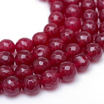 Natural White Jade Bead Strands, Dyed, Faceted, Round, FireBrick, 12~13mm, Hole: 1mm, about 32pcs/strand, 15.7 inch