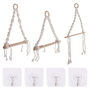 Crafans 3Pcs 3 Styles Handmade Cotton with Polyester Rope Woven and Wooden Toilet Paper Holder, for Toilet Paper Hanger, with 4Pcs Plastic Hook Hanger, Mixed Color, 7pcs/bag