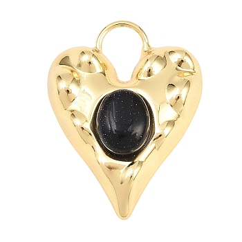 Synthetic Blue Goldstone Pendants, Heart Charms, with Brass Findings, Long-Lasting Plated, Rack Plating, Real 18K Gold Plated, 30.5x23.5x8.5mm, Hole: 8x6mm
