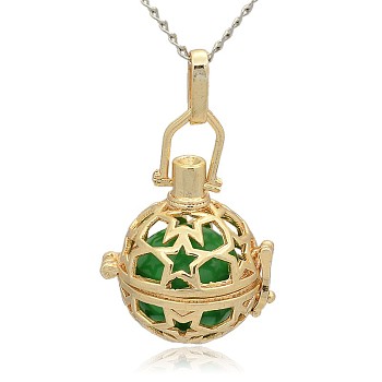 Golden Tone Brass Hollow Round Cage Pendants, with No Hole Spray Painted Brass Round Beads, Lime Green, 35x25x21mm, Hole: 3x8mm