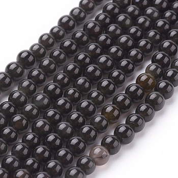Natural Obsidian Beads Strands, Round, Grade AA, Black And Colorful, 4mm, Hole: 1mm, about 84pcs/strand, 15 inch
