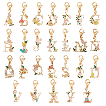 26Pcs Alloy Enamel Letter Pendant Decorations, 304 Stainless Steel Lobster Claw Clasps Charms, for Keychain, Purse, Backpack Ornament, Letter A~Z, 27~32mm, 26pcs/set, 1 set/box
