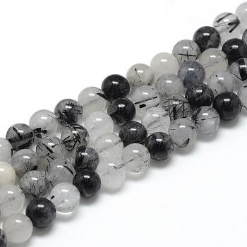 Natural Black Rutilated Quartz Beads Strands, Round, 10mm, Hole: 1mm, about 40pcs/strand, 15.7 inch