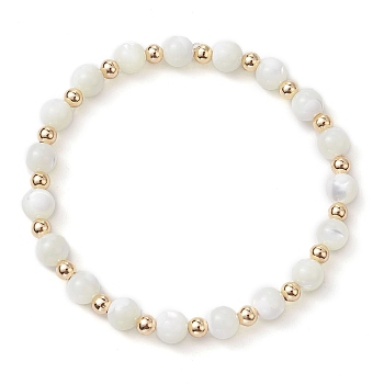 Round Natural Sea Shell Beaded Stretch Bracelets with Brass Beads for Women Men, Seashell Color, Inner Diameter: 2-1/4 inch(5.8cm), Beads: 4~6mm
