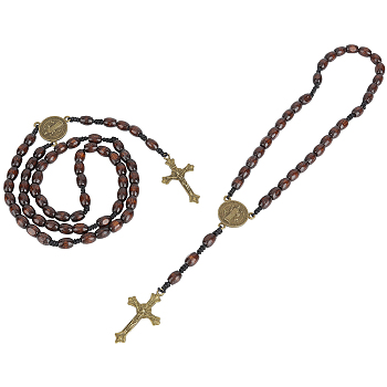 2Pcs Wood Pendant Decorations, with Alloy Pendants, Crucifix Cross, Coconut Brown, 250~365mm