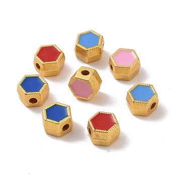 Alloy Beads, with Enamel, Hexagon, Matte Gold Color, Mixed Color, 6x7x4mm, Hole: 1.6mm