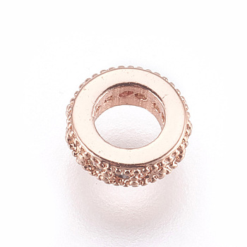 Brass Micro Pave Cubic Zirconia Beads, Lead Free & Cadmium Free, Flat Round, Clear, Rose Gold, 6x2mm, Hole: 3mm