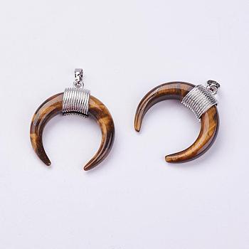 Natural Tiger Eye Pendants, with Platinum Plated Brass Findings, Double Horn/Crescent Moon, 34x33x8.5mm, Hole: 5x7mm