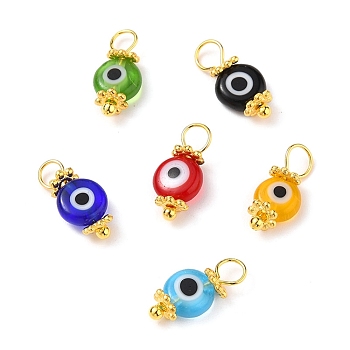 Handmade Evil Eye Lampwork Charms, with Brass Eye Pin and Tibetan Style Alloy Spacer Beads, Flat Round, Mixed Color, 13x6x2.5mm, Hole: 3mm