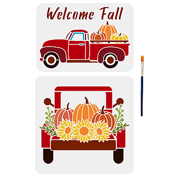 US 2Pcs 2 Styles Autumn PET Hollow Out Drawing Painting Stencils and 1Pc Art Paint Brushes, for DIY Scrapbook, Photo Album, Pumpkin, Truck Pattern, 297~300x210~300mm, 1pc/style