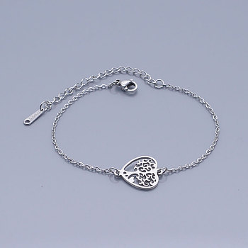 201 Stainless Steel Link Bracelets, with Lobster Claw Clasps, Tree of Life with Heart, Stainless Steel Color, 6-5/8 inch~6-3/4 inch(16.9~17.05cm)