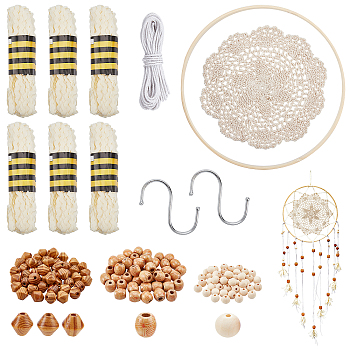 DIY Decorations Making Kits, Including Polypropylene Fiber Ribbons, Bamboo Circle Cross Stitch Hoop Ring, Cotton String Threads, Wood Beads, Cotton Lace Cup Coasters, Stainless Steel S-Hook Clasps, Mixed Color