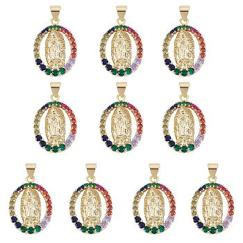10Pcs Rack Plating Brass Micro Pave Cubic Zirconia Pendants, Real 18K Gold Plated, Long-Lasting Plated, Oval with Virgin Mary, Colorful, 23.5x16.5x3mm, Hole: 3.5x3mm