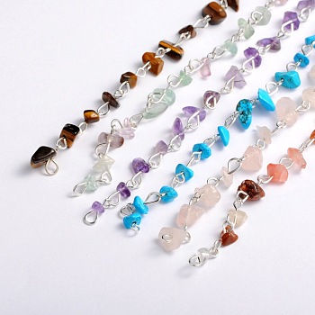 Handmade Gemstone Chips Beads Chains for Necklaces Bracelets Making, with Silver Color Plated Iron Eye Pin, Unwelded, Mixed Stone, 39.3 inch, Beads: 5~9mm