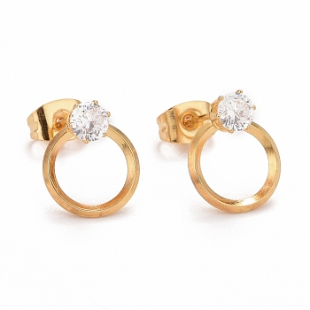 Ring SteelStud Earrings, with 316 Stainless Steel Pin & Glass Imitation Cubic Zirconia, Golden, 11.5x10mm, Pin: 0.7mm