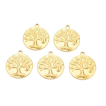 Ion Plating(IP) 201 Stainless Steel Pendants, Flat Round with Tree, Nickel Free, Real 18K Gold Plated, 29x25.5x2mm, Hole: 2mm