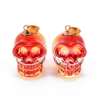 Electroplate K9 Glass Pendants, with Golden Plated Brass Bails, Skull, Halloween, Orange Red, 25x26~27x19mm, Hole: 5x3mm