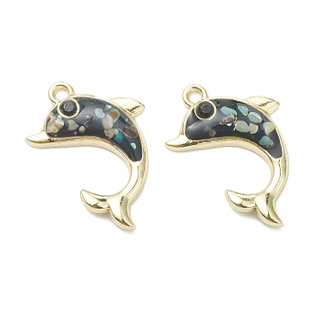 Alloy Enamel Pendants, with Shell Beads and Rhinestone, Dolphin, Light Gold, Black, 23x16x3.5mm, Hole: 1.6mm