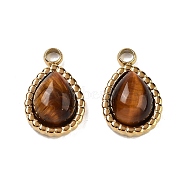 Ion Plating(IP) 304 Stainless Steel Pendants, Natural Tiger Eye Charms, Real 18K Gold Plated, Teardrop, 14x9x5mm, Hole: 1.8mm(STAS-U014-04G-G)