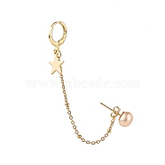 Natural Pearl Brass Crawler Ear Studs Chains, with Hoop Earring and Star Charm, PeachPuff, 85x2mm(EJEW-JE04566-03)