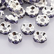 Brass Rhinestone Spacer Beads, Grade AAA, Wavy Edge, Nickel Free, Silver Color Plated, Rondelle, Tanzanite, 6x3mm, Hole: 1mm(RB-A014-L6mm-18S-NF)
