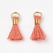 Polycotton(Polyester Cotton) Tassel Pendant Decorations, Mini Tassel, with Brass Findings, Golden, Tomato, 10~15x3~4mm, Hole: 2mm(FIND-S275-23G)