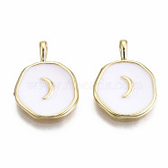 Brass Enamel Pendants, Real 18K Gold Plated, Nickel Free, Flat Round with Moon, White, 17.5x13x3mm, Hole: 3x2mm(KK-S356-198A-NF)