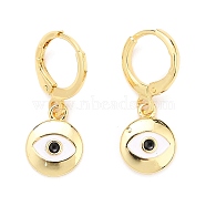 Brass Huggie Hoop Earrings, with Enamel, Flat Round with Eye, White & Black, Real 18K Gold Plated, 25~26mm, Pin: 0.9mm(EJEW-JE04324-02)