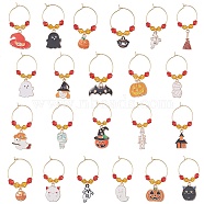 Halloween Alloy Enamel Wine Glass Charms, with Acrylic Beads, Mixed Shapes, Mixed Color, 42~61x24~25mm, 20pcs/set(AJEW-JO00182)