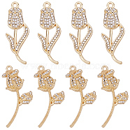 SUPERFINDINGS 16Pcs 2 Style  Rack Plating Alloy Pendants, with Crystal Rhinestone, Cadmium Free & Lead Free, Flower, Light Gold, 32.5~35x12~20x3~4.5mm, Hole: 1.6mm, 8pcs/style(PALLOY-FH0001-80)