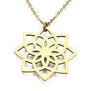 201 Stainless Steel Pendant Necklaces, with Cable Chains, Lotus, Golden, 17.5 inch~17.9 inch(44.5~45.5cm), 1.5mm, Lotus: 29.5x29.5x1mm(NJEW-T009-JN064-2-45)