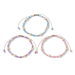 3Pcs 3 Color Natural Pearl & Glass Seed Braided Bead Bracelets Set, Nylon Adjustable Bracelets, Mixed Color, Inner Diameter: 2-1/8~3-1/2 inch(5.3~8.85cm), 1Pc/style(BJEW-JB09535)