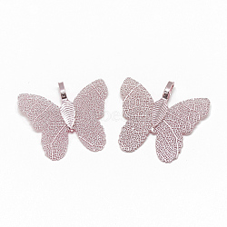 Iron Pendants, Electroplate Natural Leaf, Butterfly, Pink Plated, 27~29x30~31x1.5mm, Hole: 3x5.5mm(X-IFIN-T006-09C)